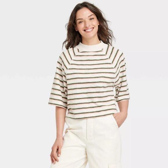 UNIVERSAL THREAD | Striped Boxy Oversized Elbow Sleeve Mock Neck Tee | Large - Picture 1 of 7